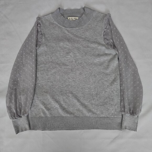 Indigo Rose Women's Gray Sheer Puff Sleeve Ruffled Knit Pullover Sweater Medium - Picture 3 of 11